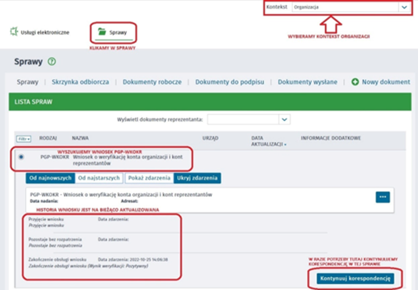 Zrzut ekranu ze strony praca.gov.pl przedstawiający sposób sprawdzenia statusu złożonego wniosku